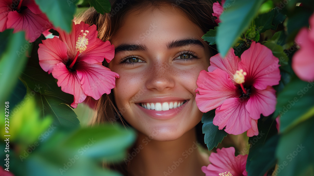 A smiling young woman whose joyful expression is highlighted by intensely pink hibiscus flowers and green leaves, conveying a charming harmony with nature. A smiling young woman whose joyful expression is highlighted by intensely pink hibiscus flowers and green leaves, conveying a charming harmony with nature.