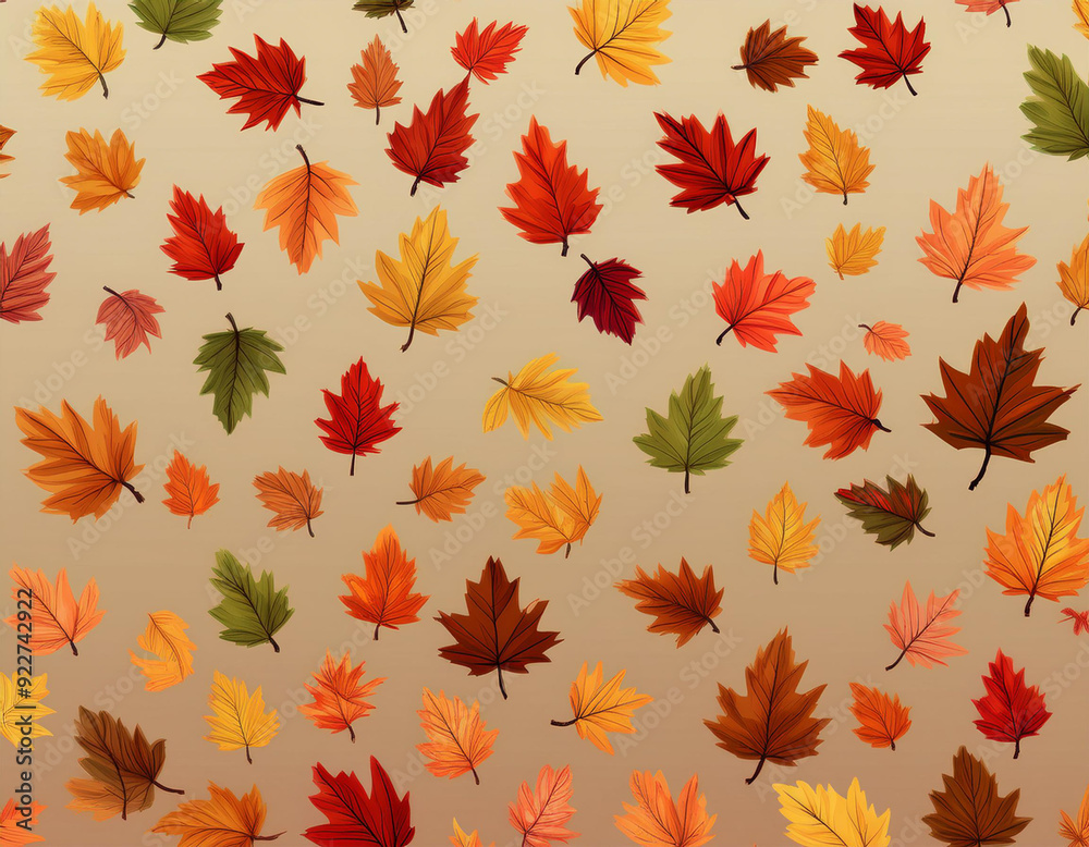 Fototapeta premium Minimalist Falling Leaves Pattern Autumn Hues on Neutral Background Design