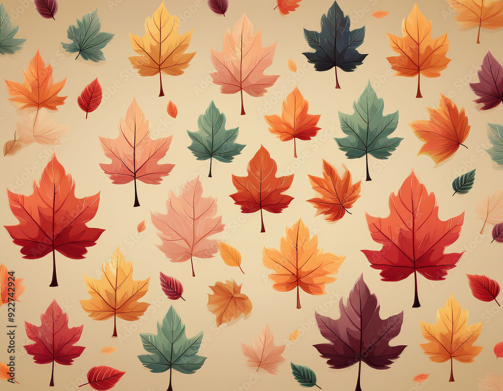 Fototapeta premium Minimalist Falling Leaves Pattern Autumn Hues on Neutral Background Design