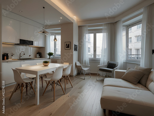 Compact Modern Apartment with White Minimalist Kitchen and Living Area