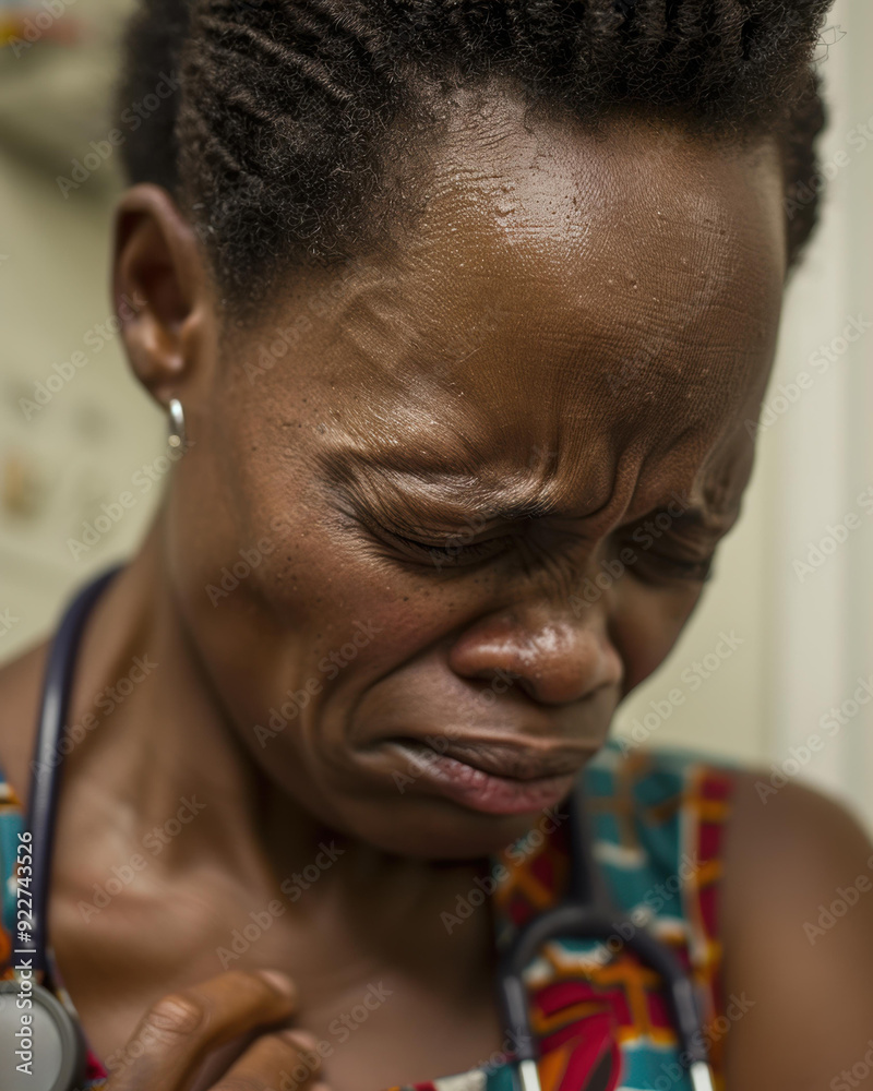 Fototapeta premium A woman with a stethoscope around her neck looks down with a sorrowful expression. AI.