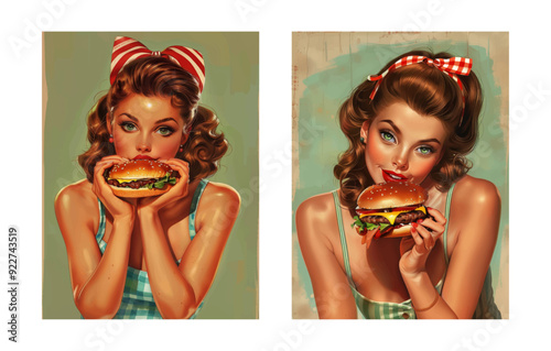 Expressive Pop Art Female Portraits with burger. Urban Backdrop 1960s style, pin up girl, bold lines and dots. Beautiful retro pin up woman poster.