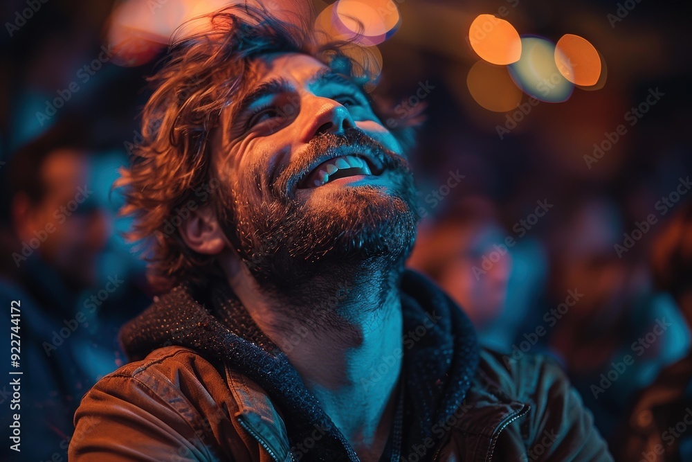 A man with a beard looks up and smiles. AI. A man with a beard looks up and smiles. AI.