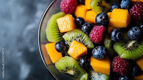 A bright and colorful mixed fruit salad in a bowl, showcasing an assortment of fresh fruits like kiwi, mango, raspberries, and blueberries, perfect for a refreshing snack or meal.