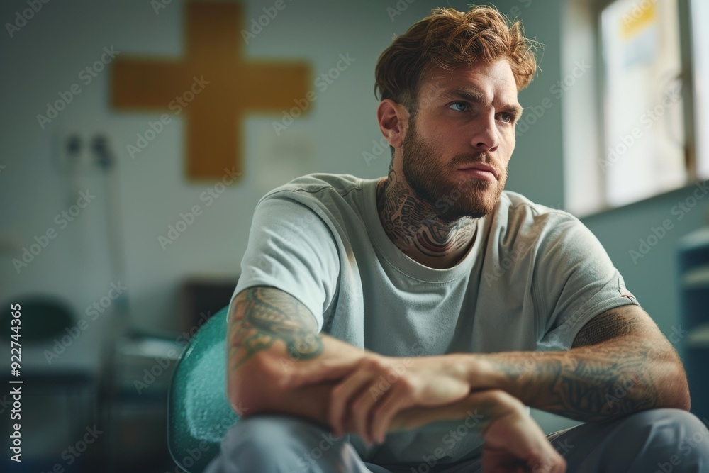 A man with tattoos sits in a room and looks out the window. AI. A man with tattoos sits in a room and looks out the window. AI.
