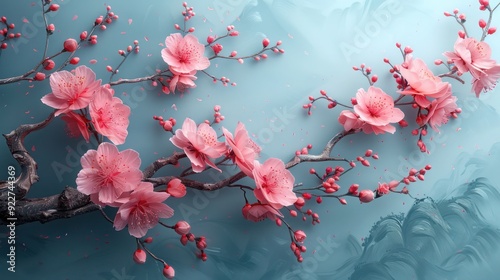 Cherry branches adorned with delicate blossoms, set against a minimalist background with copy space. A serene and elegant representation of spring natural beauty