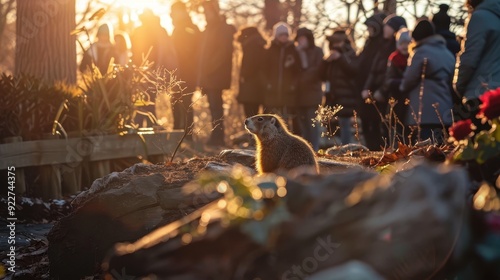 A groundhog is seen as mist rises during the annual Groundhog Day event with spectators in background photo