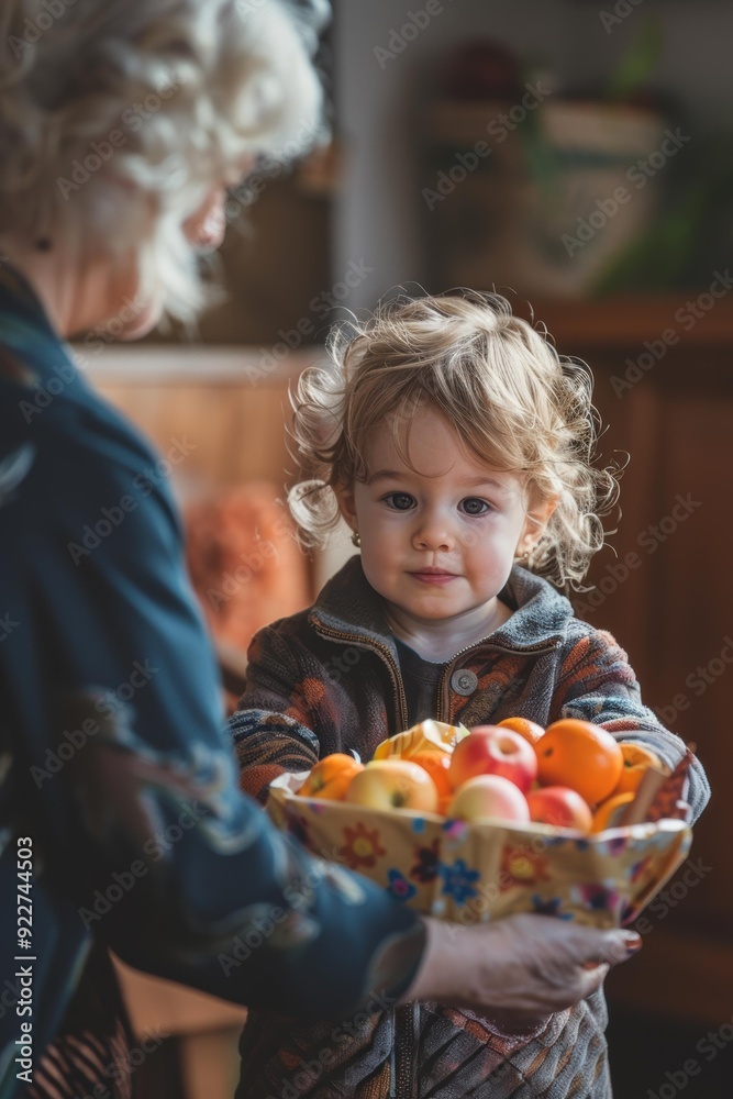 Fototapeta premium A young child gives a basket of fruit to an older person. AI.