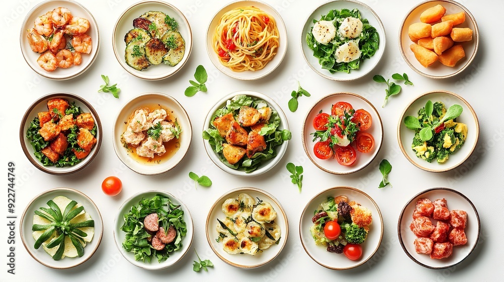 A variety of Asian food is displayed on a white table. The food includes meat, vegetables, and rice. The presentation is colorful and appetizing A variety of Asian food is displayed on a white table. The food includes meat, vegetables, and rice. The presentation is colorful and appetizing