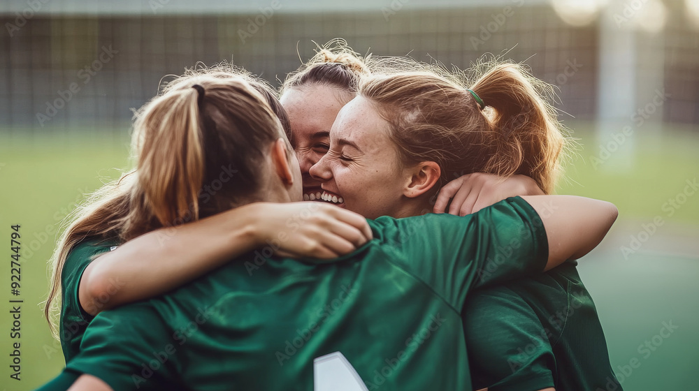 A group of female soccer players, wearing green uniforms, hugging and celebrating on a soccer field after a win. A group of female soccer players, wearing green uniforms, hugging and celebrating on a soccer field after a win.