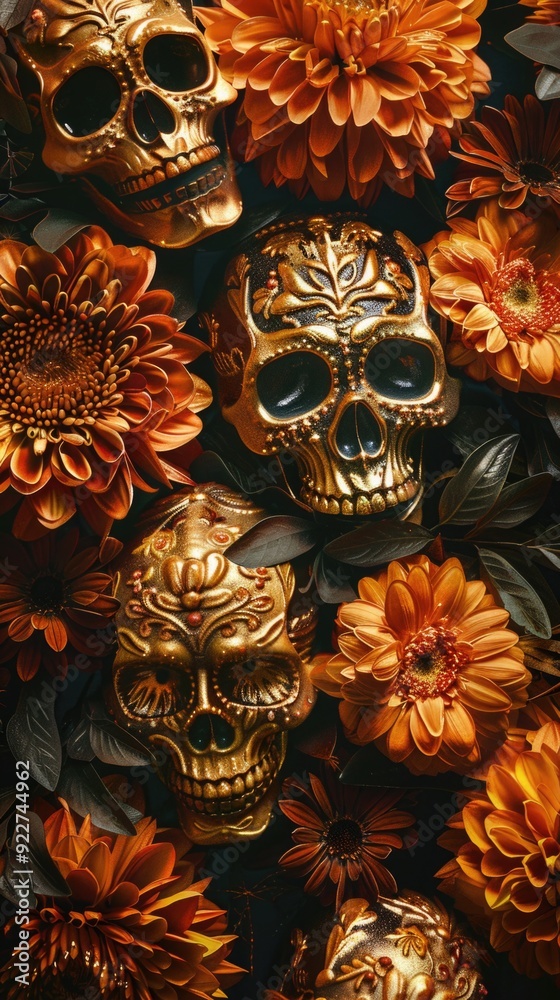 Mexico's Day of the Dead Festivities. Decorative golden skulls, red roses on a dark textured background. space for text Mexico's Day of the Dead Festivities. Decorative golden skulls, red roses on a dark textured background. space for text