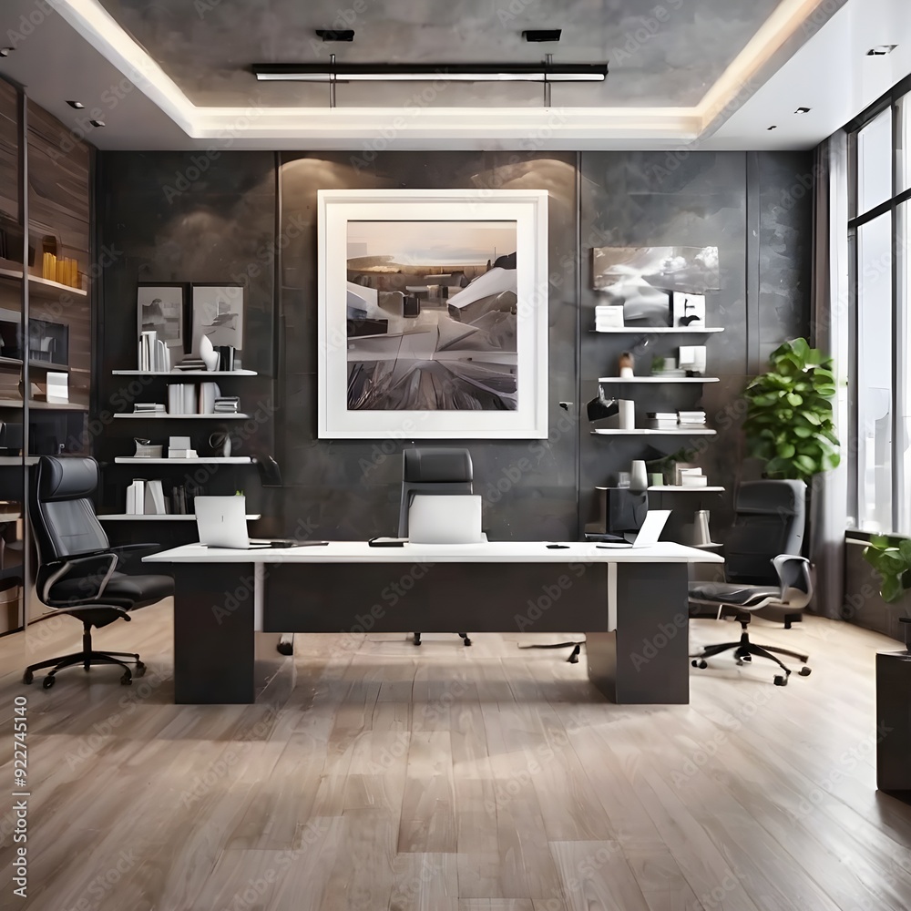 modern works room with table and couple shelves modern works room with table and couple shelves