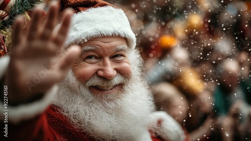 Santa Claus waves warmly and smiles amidst crowds during a festive parade, spreading joy and embodying the cheerful and merry Christmas spirit. photo