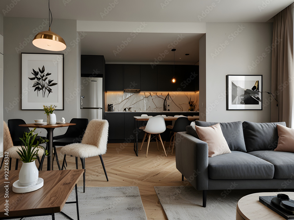 Fototapeta premium Stylish Studio Apartment with Open-Plan Kitchen, Living Room, and Bedroom