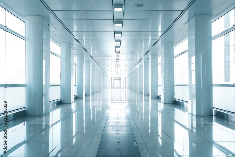 Fototapeta premium A long hallway with numerous windows along its length, suitable for use as a background or in an architectural context