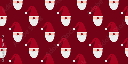 Santa Claus Head Pattern. Portrait of man with beard in New Year fictional fairy-tale character costume. Christmas seamless print on red background. Holiday backdrop. Minimalism. Vector illustration