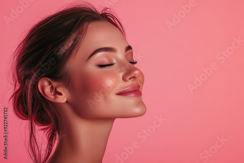 A close up of a woman's face with her eyes closed