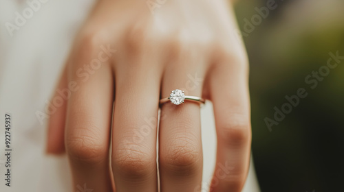 A detailed shot of a diamond wedding ring elegantly worn on a woman's hand, representing the moment of marriage and the significance of vows, embodying love and unity, photo