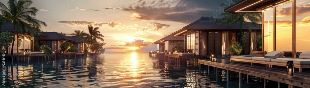 banner. Overwater bungalows at sunset over the ocean, palm trees in the background. exotic vacation and relaxation banner. Overwater bungalows at sunset over the ocean, palm trees in the background. exotic vacation and relaxation