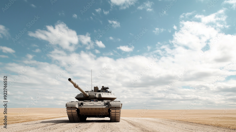 On a wide, open field, a formidable tank is positioned with an air of readiness, its imposing structure highlighted against the expansive terrain, capturing a sense of power and do On a wide, open field, a formidable tank is positioned with an air of readiness, its imposing structure highlighted against the expansive terrain, capturing a sense of power and do