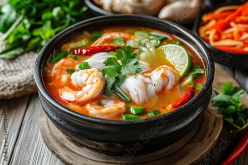 Vietnamese food, Asia food Tom Yum tom yum soup with seafood fresh chilies, and lime - generative ai