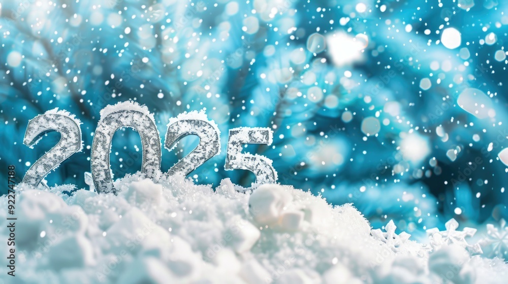 2025 text surrounded by white snowflakes on a blue background. Winter holiday theme. Happy New Year and Merry Christmas 2025 text surrounded by white snowflakes on a blue background. Winter holiday theme. Happy New Year and Merry Christmas