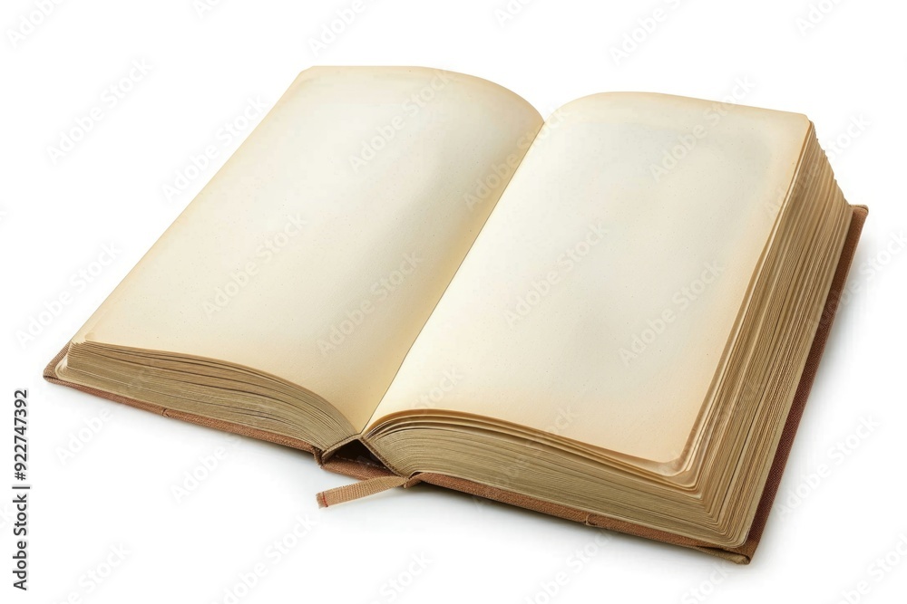 A single open book lying on a clean white surface, ideal for academic or creative uses A single open book lying on a clean white surface, ideal for academic or creative uses
