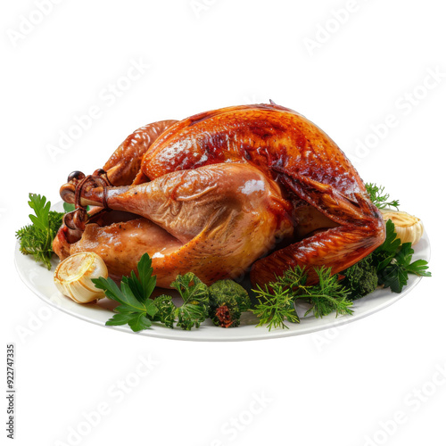 Roasted Turkey with Parsley and Garlic on a White Plate