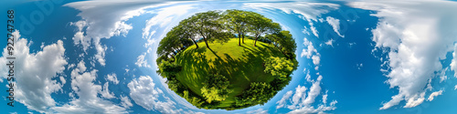 Wallpaper Mural 360 degree view of a verdant miniature world with trees fluffy white clouds and a gentle blue sky Tiny park planet captured in a spherical image format Planet Earth displayed in full panora Torontodigital.ca