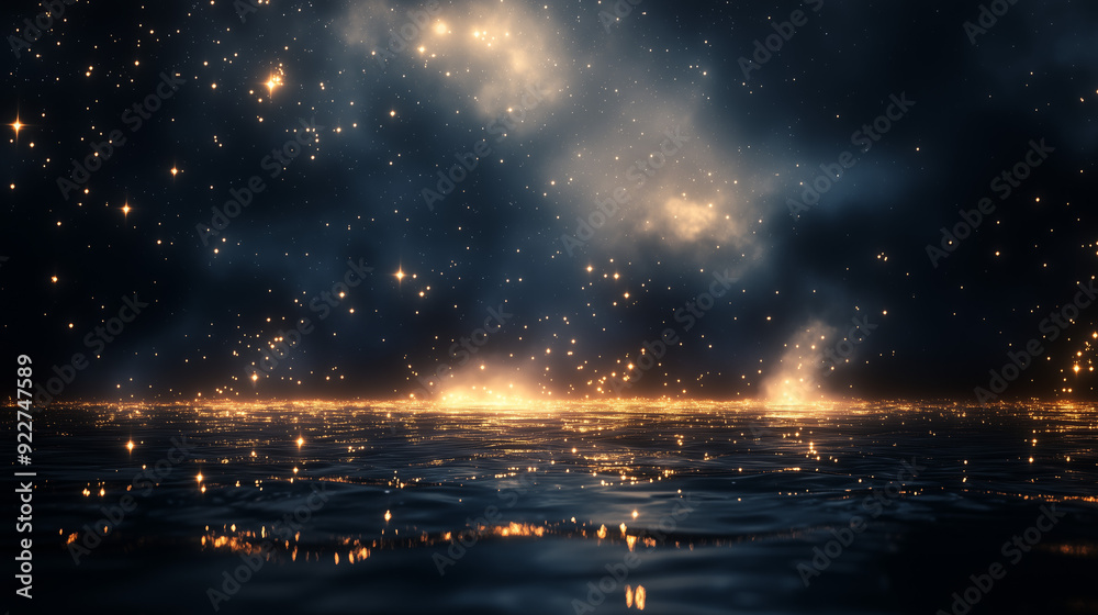 A mystical scene of stars and light over a dark water surface, evoking a sense of serenity and mystery. A mystical scene of stars and light over a dark water surface, evoking a sense of serenity and mystery.