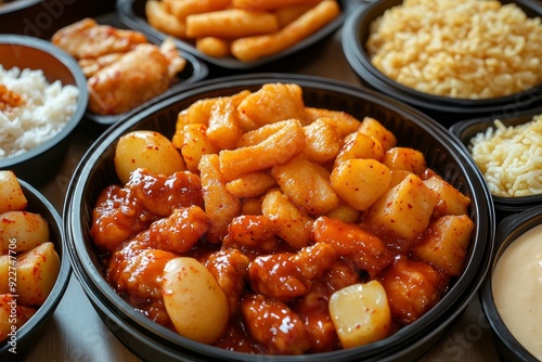 whirlwind, potato, sotteok sotteok, assorted, fried, chicken gangjeong, wheat tteokbokki, fish cake, sundae, rice tteokbokki, cup rice, cheese stick, snack, Korean food, food, meal - generative ai photo