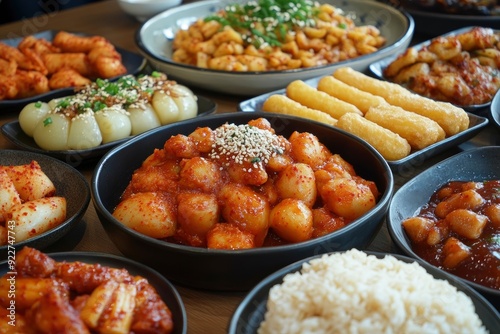 whirlwind, potato, sotteok sotteok, assorted, fried, chicken gangjeong, wheat tteokbokki, fish cake, sundae, rice tteokbokki, cup rice, cheese stick, snack, Korean food, food, meal - generative ai photo