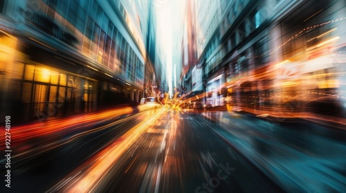 A blurry photo of a city street at night with car headlights and neon signs