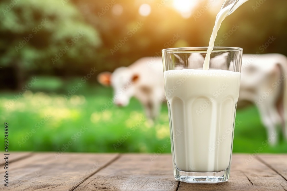Fresh Milk Pouring Into Glass in Rustic Farm Setting with Grazing Cow in Background Fresh Milk Pouring Into Glass in Rustic Farm Setting with Grazing Cow in Background