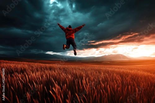 Man in Red Jacket Jumping in Scenic Grass Field at Dramatic Sunset with Stormy Clouds photo