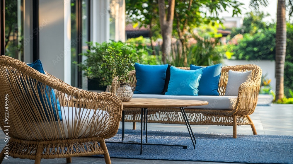 Rattan chairs, a table, and a blue pillow are examples of outdoor ...
