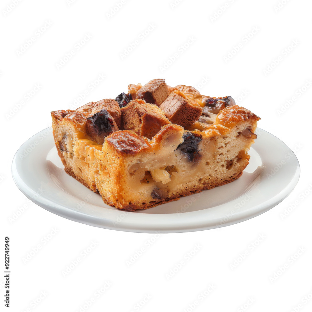 A slice of bread pudding with raisins and brown sugar on a white plate A slice of bread pudding with raisins and brown sugar on a white plate