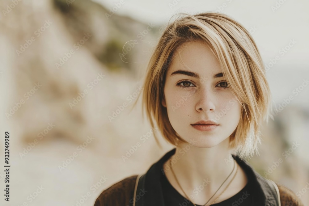 Portrait of a Young Woman Outdoors with Short Blonde Hair and Contemplative Expression