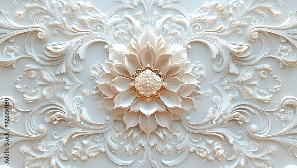 This abstract background features a high-definition 3D digital illustration showing an elaborate flower decoration on a ceiling against a visually appealing and well-textured wallpaper background.