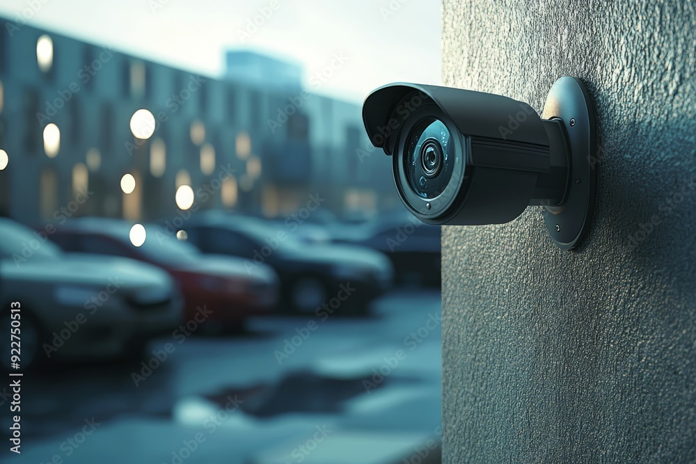 An advanced infrared IP security camera is mounted on a wall, surveying a dimly lit parking area filled with cars, enhancing safety and effective surveillance for users and nearby pedestrians An advanced infrared IP security camera is mounted on a wall, surveying a dimly lit parking area filled with cars, enhancing safety and effective surveillance for users and nearby pedestrians
