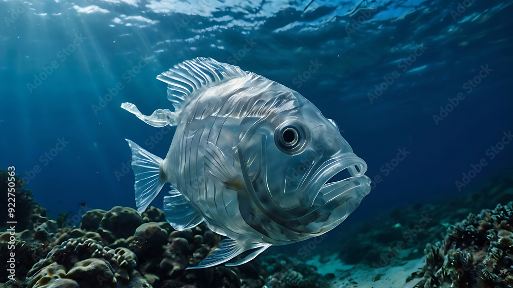 cellophane plastic bag in the shape of a fish in the depths of the sea, the concept of plastic pollution of the world's oceans, ecology concept cellophane plastic bag in the shape of a fish in the depths of the sea, the concept of plastic pollution of the world's oceans, ecology concept