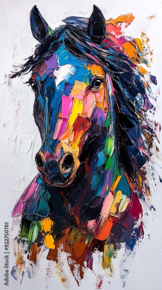 Fototapeta premium Abstract oil painting of a black horse head with bold colors picture