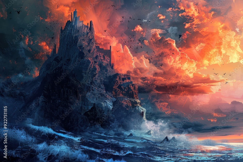 A Rugged Island Fortress Bathed in Fiery Sunset Hues A Rugged Island Fortress Bathed in Fiery Sunset Hues