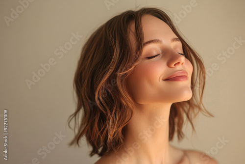 A close up of a woman's face with her eyes closed