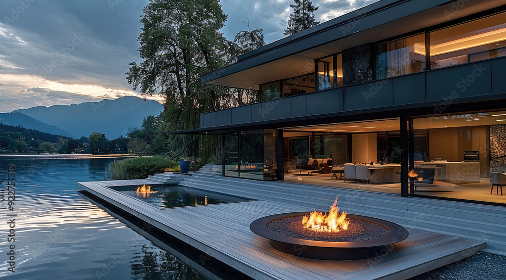 Fototapeta premium Modern lakeside home floating terrace with fire pit. Generative AI.