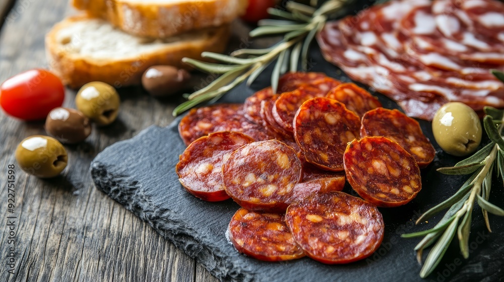 Spanish chorizo sausage sliced and served with bread, tomatoes, olives, and jamon serrano Spanish chorizo sausage sliced and served with bread, tomatoes, olives, and jamon serrano