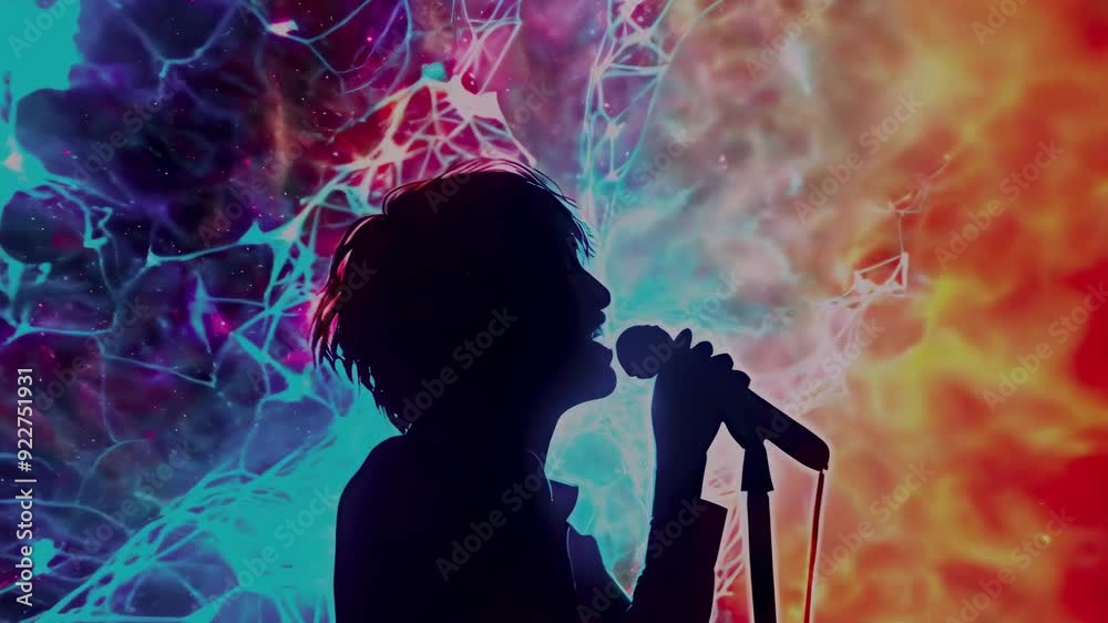 A young person, possibly a teenager, sings passionately into a microphone against a vibrant, colorful background. The lights create a dynamic, energetic atmosphere, enhancing the mood of passionate