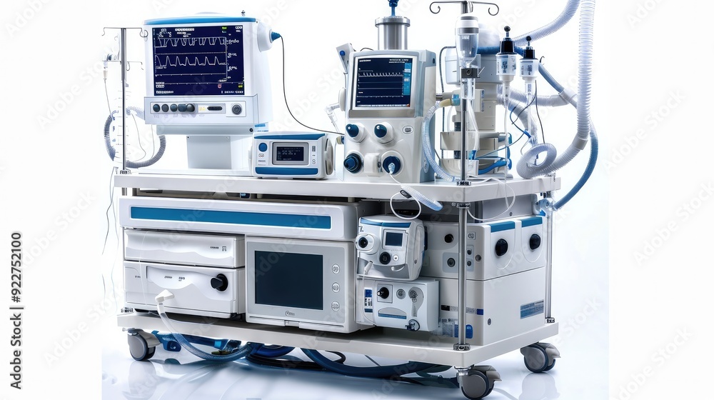 Anesthesia machine isolated on white background. Modern hospital equipment. Generative AI. Anesthesia machine isolated on white background. Modern hospital equipment. Generative AI.