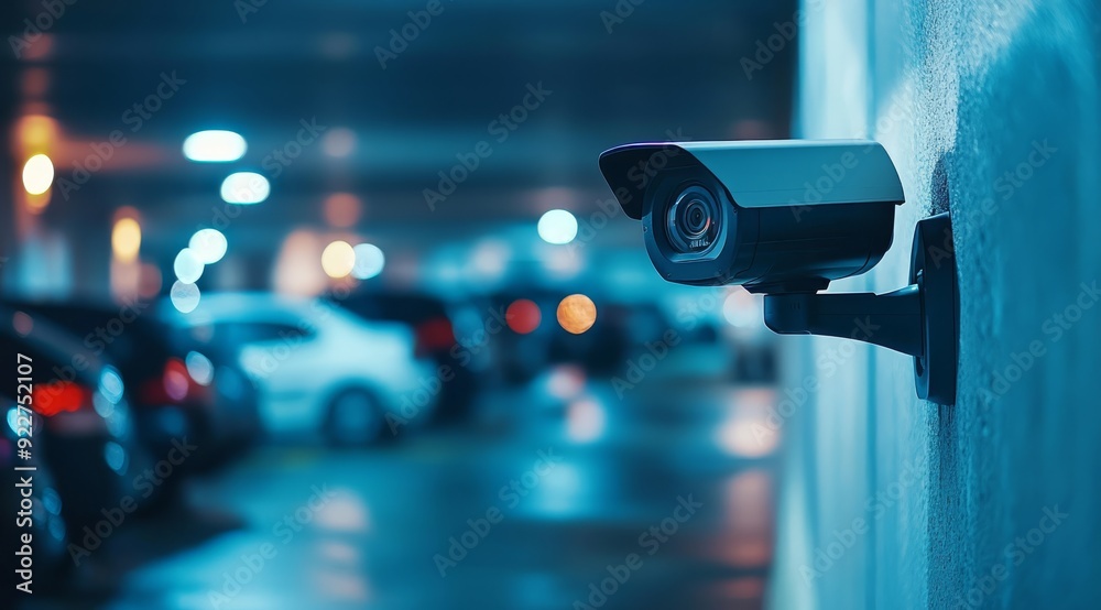 This image effectively highlights a modern IP security camera that has been installed in a parking garage, ensuring the safety and security as well as effective surveillance for all vehicles present This image effectively highlights a modern IP security camera that has been installed in a parking garage, ensuring the safety and security as well as effective surveillance for all vehicles present