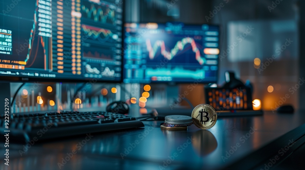 Modern Trading Desk with Cryptocurrency Charts and Bitcoin Coin Modern Trading Desk with Cryptocurrency Charts and Bitcoin Coin